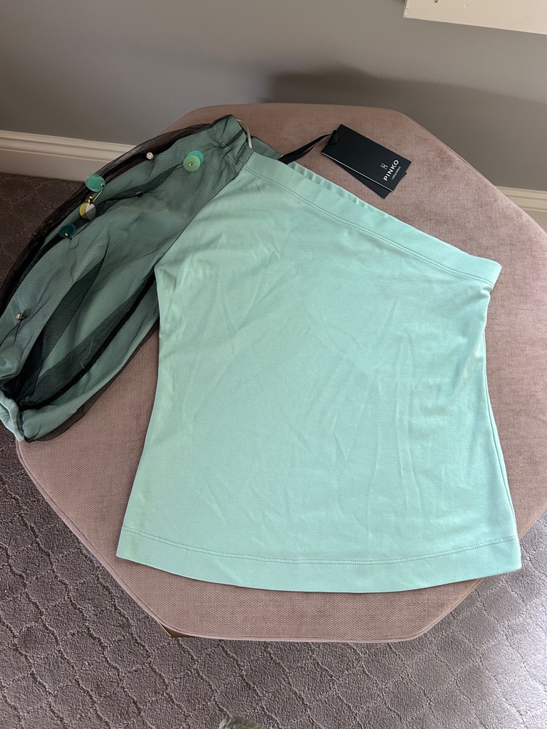 Pinko Nwt Mint Green Asymmetrical One-Shoulder Top With Embellished Sleeve.